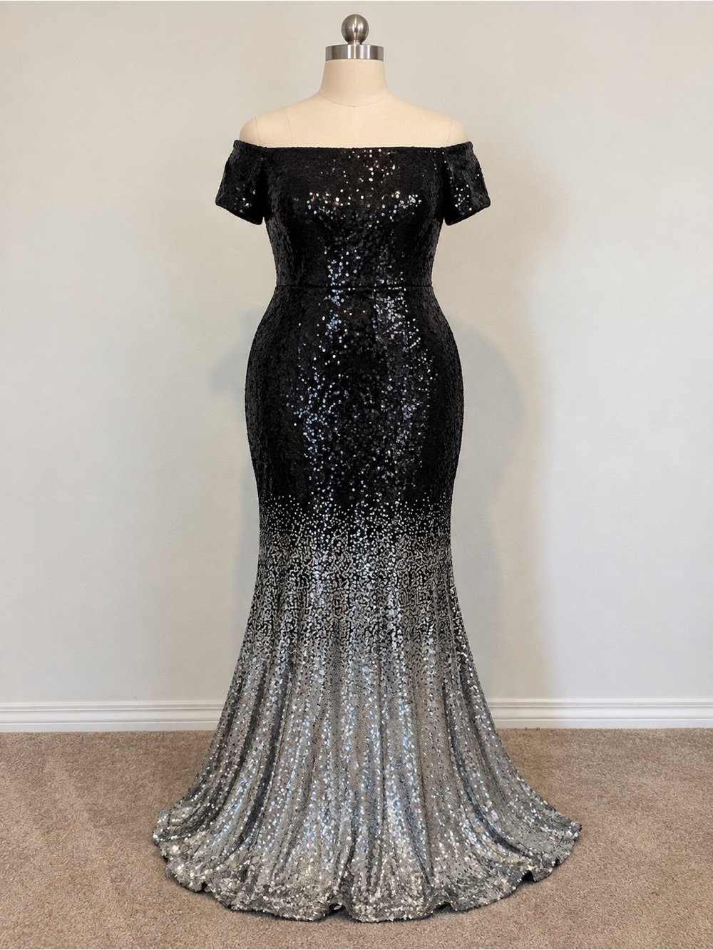 torrid Black to Silver Ombre Off-Shoulder Sequin Gown